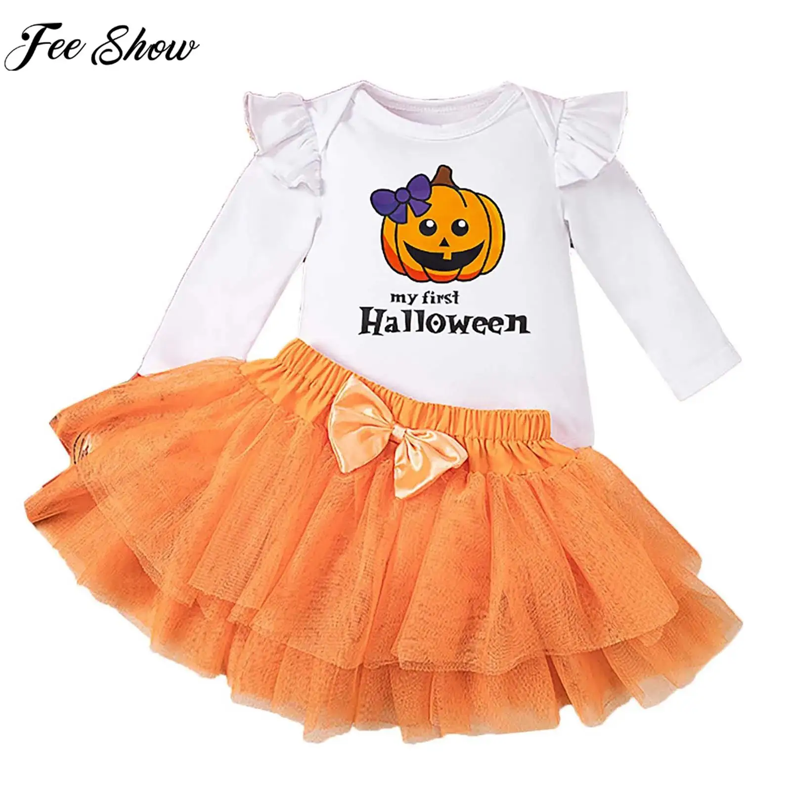 Infant Girl Halloween Outfit Theme Party Dress Up Cosplay Costume Long Sleeve Pumpkin Witch Hat Cat Print Romper with Tutu Skirt