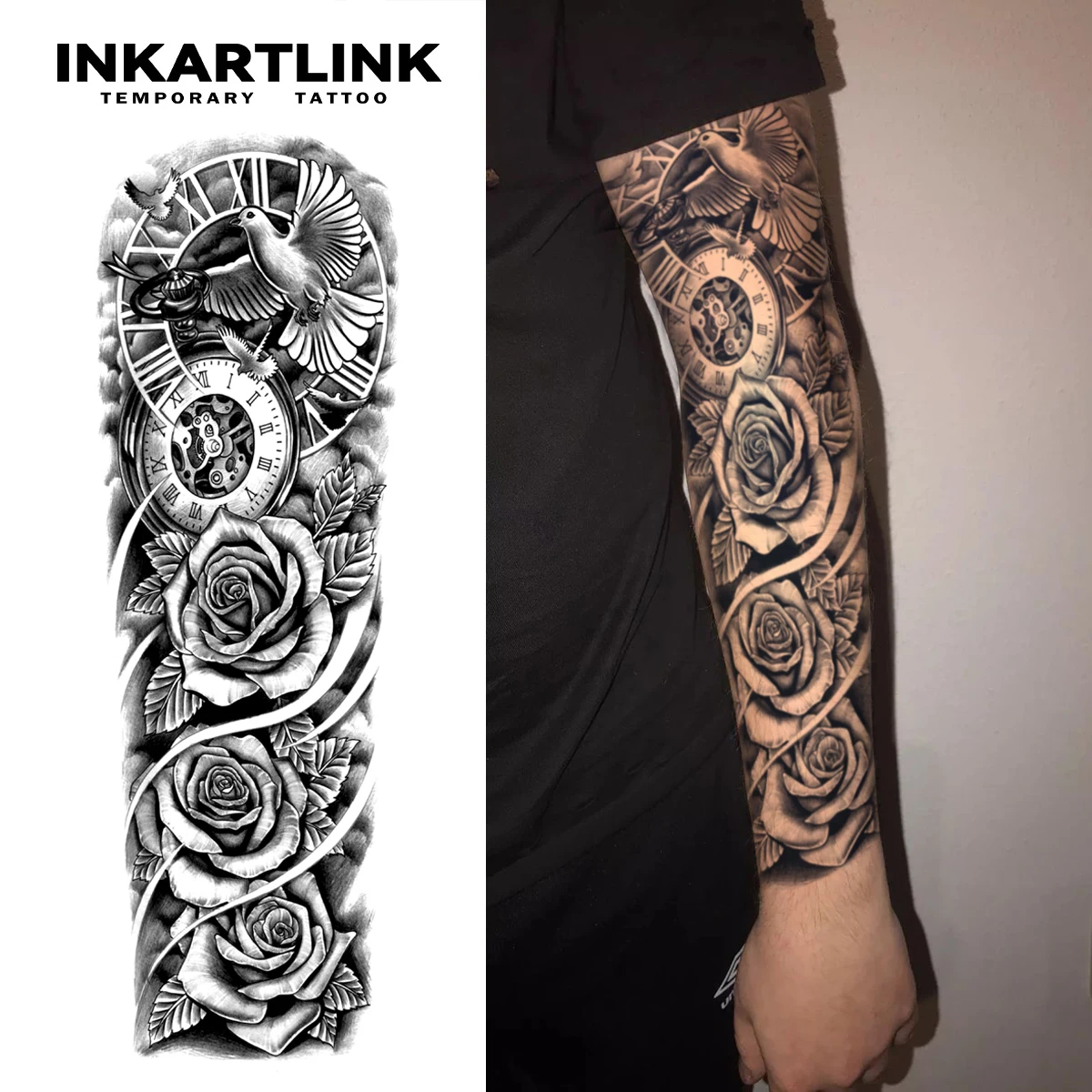 White Dove Rose Temporary Tattoo,Lasts To 15 Days New Technology Magic Waterproof Semi Permanent Sticker,For Men Sleeve Tattoos.