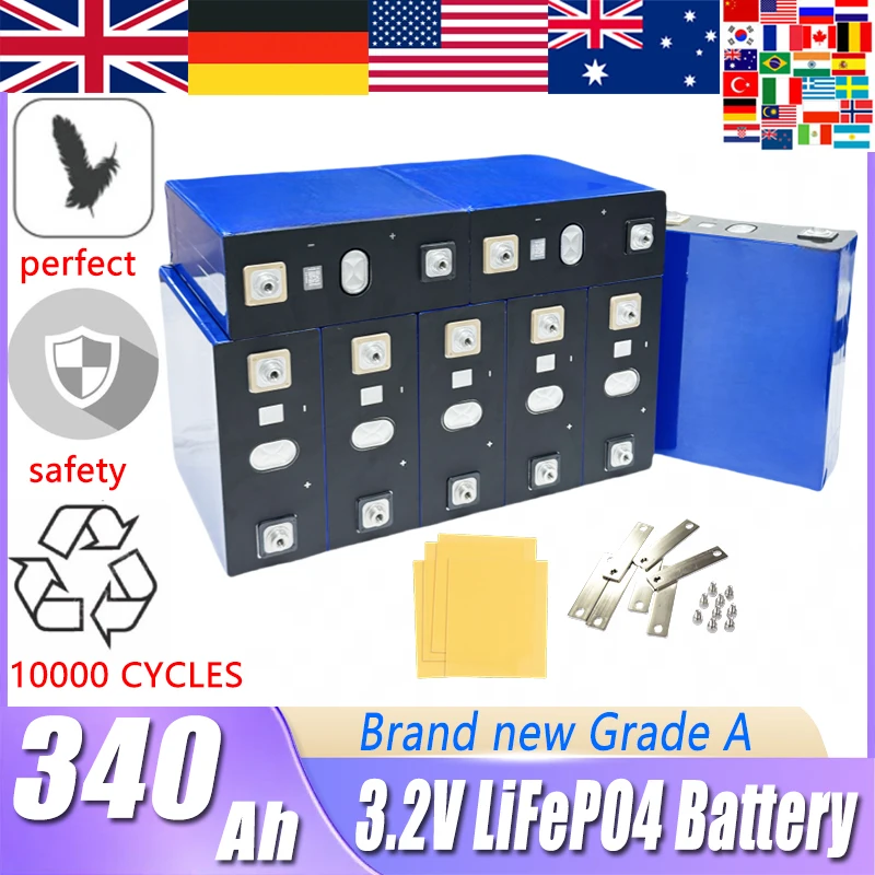 

10000+ Cycles 340Ah LiFePO4 Battery 3.2V Rechargeable Lithium Iron Phosphate Cell DIY 12V 24V 48V RV EV Golf Cart Grade A Cells