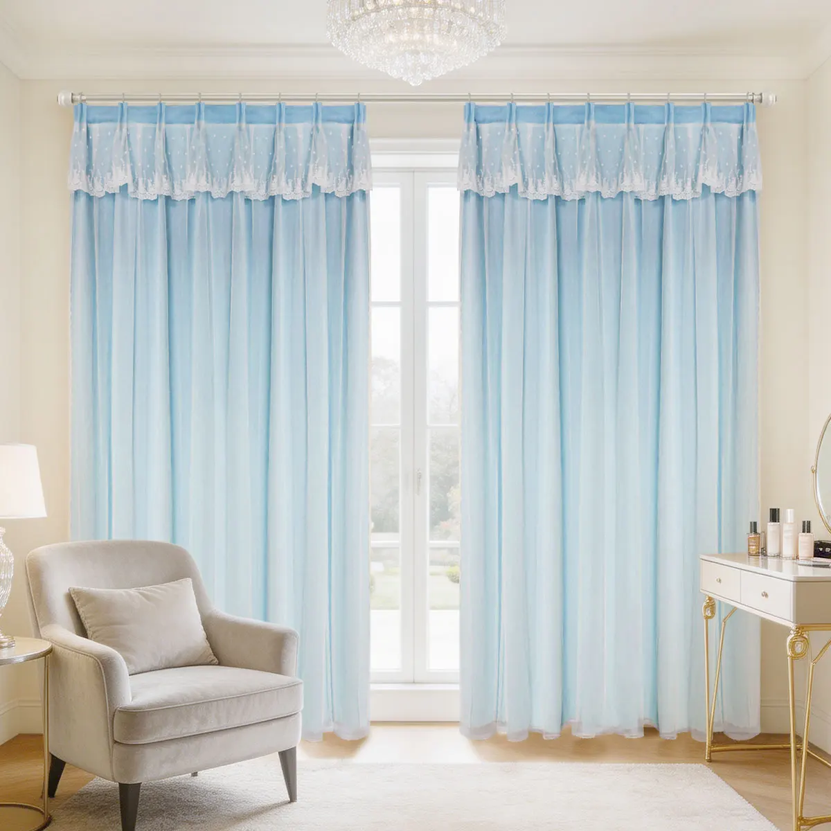 2 Panels Light Sky Blue Sheer Curtains with Lace Valance, Macaron Nordic Fresh Ins Style, Polka Dot Lace Light Filtering Window