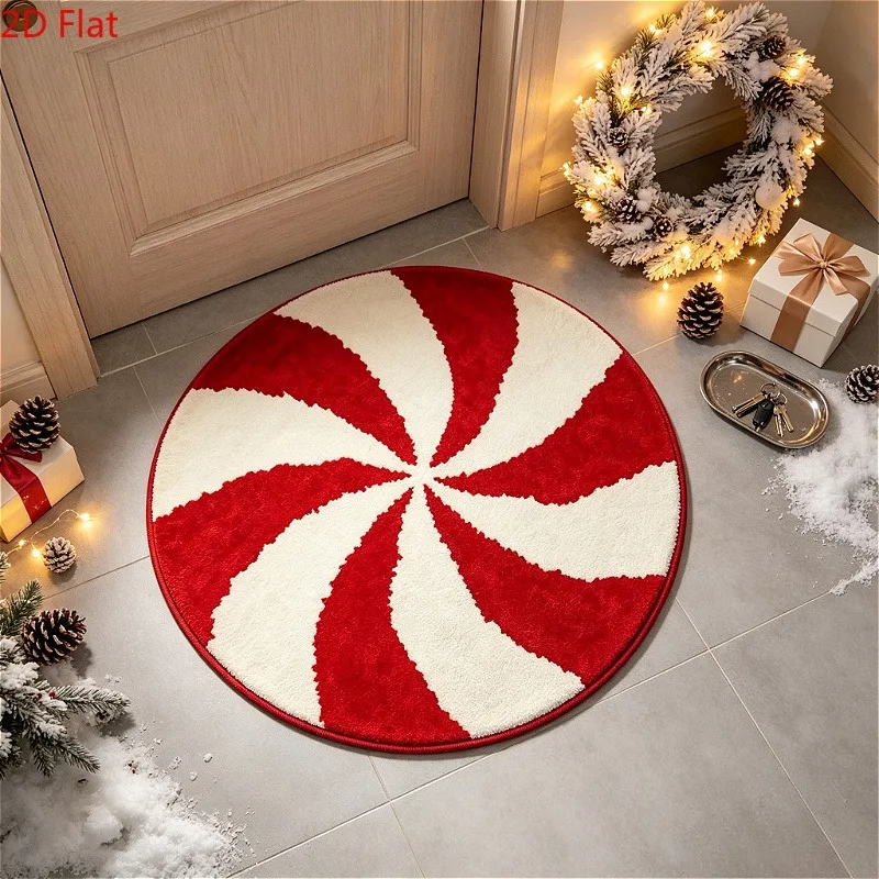 Candy Cane Christmas Tree Round Rug Peppermint Swirl Vortex Red Green Holiday Scene