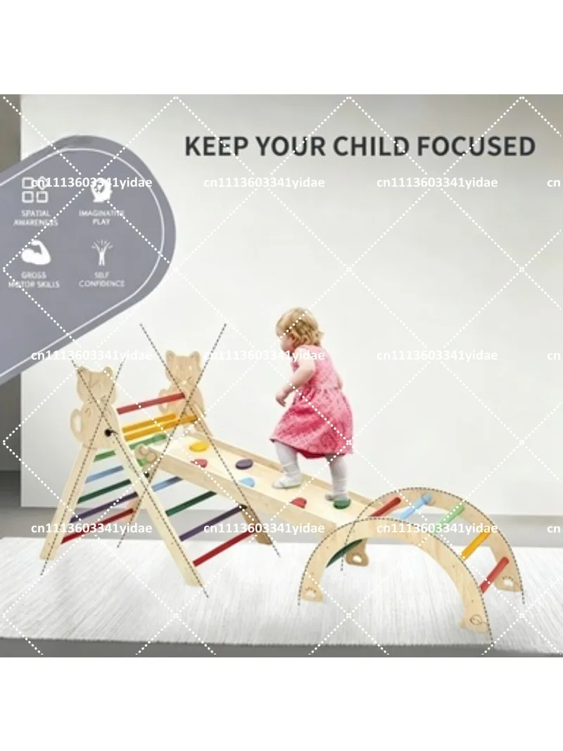 Wooden Climbing Triangle for Toddlers with Ramp and Rocking Arch Indoor Play Gym