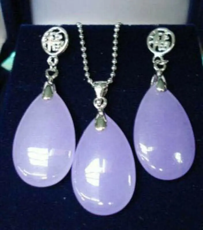 

Natural 18KGP Purple Jade Pendant Necklace Earring Set for Women and Girls
