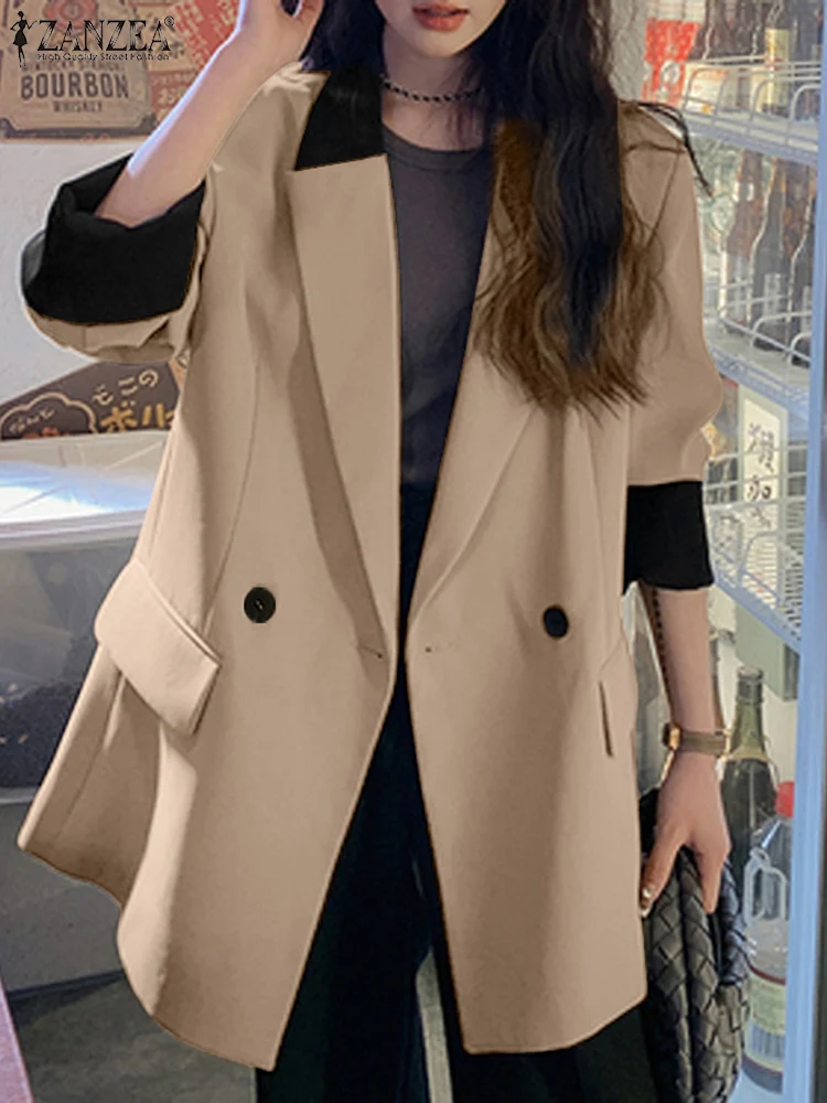 Women Colorblocck Commuting Jackets ZANZEA Casual Loose Blazer Office Lady Long Sleeved Suits Eleagnt Double-Breasted Coats