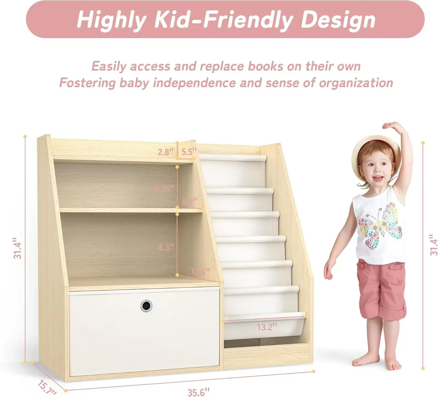 Kids Bookshelf & Book Storage，6 Sling Wooden Toddler Book Shelf，3-Tier Wooden Open Bookcase & Storage Organizer Boxes for