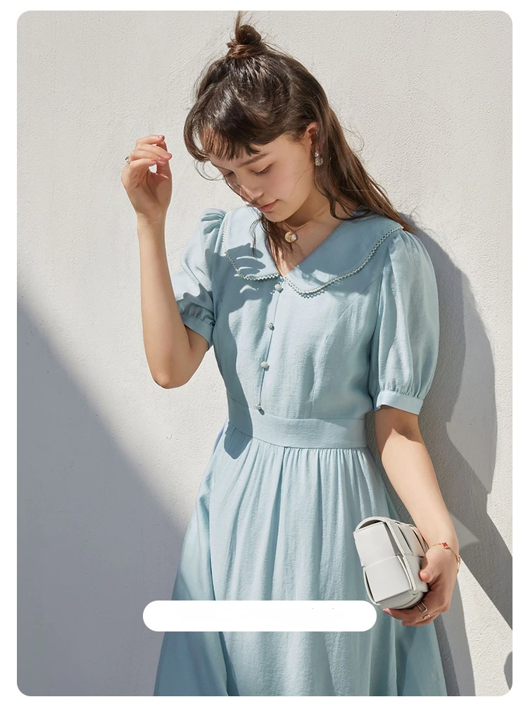 ZIQIAO Office Lady Blue Puff Sleeve Dress Small Fresh Slim 2021 New Gentle Style A-line High Waist Puff Sleeve 150CM Women Dress