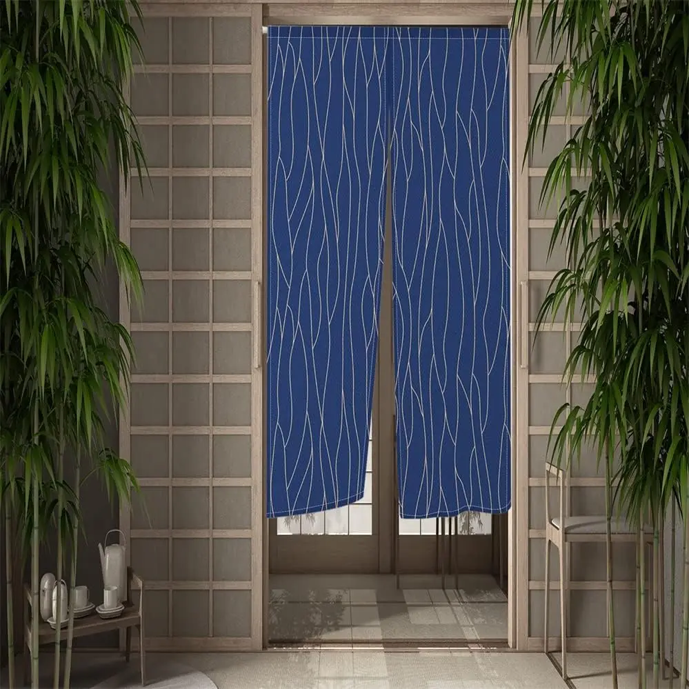 Minimalist Navy Blue Wavy Line Door Curtain, Beige Geometric Print For Home Entrance, Modern Oriental Decor Room Divider