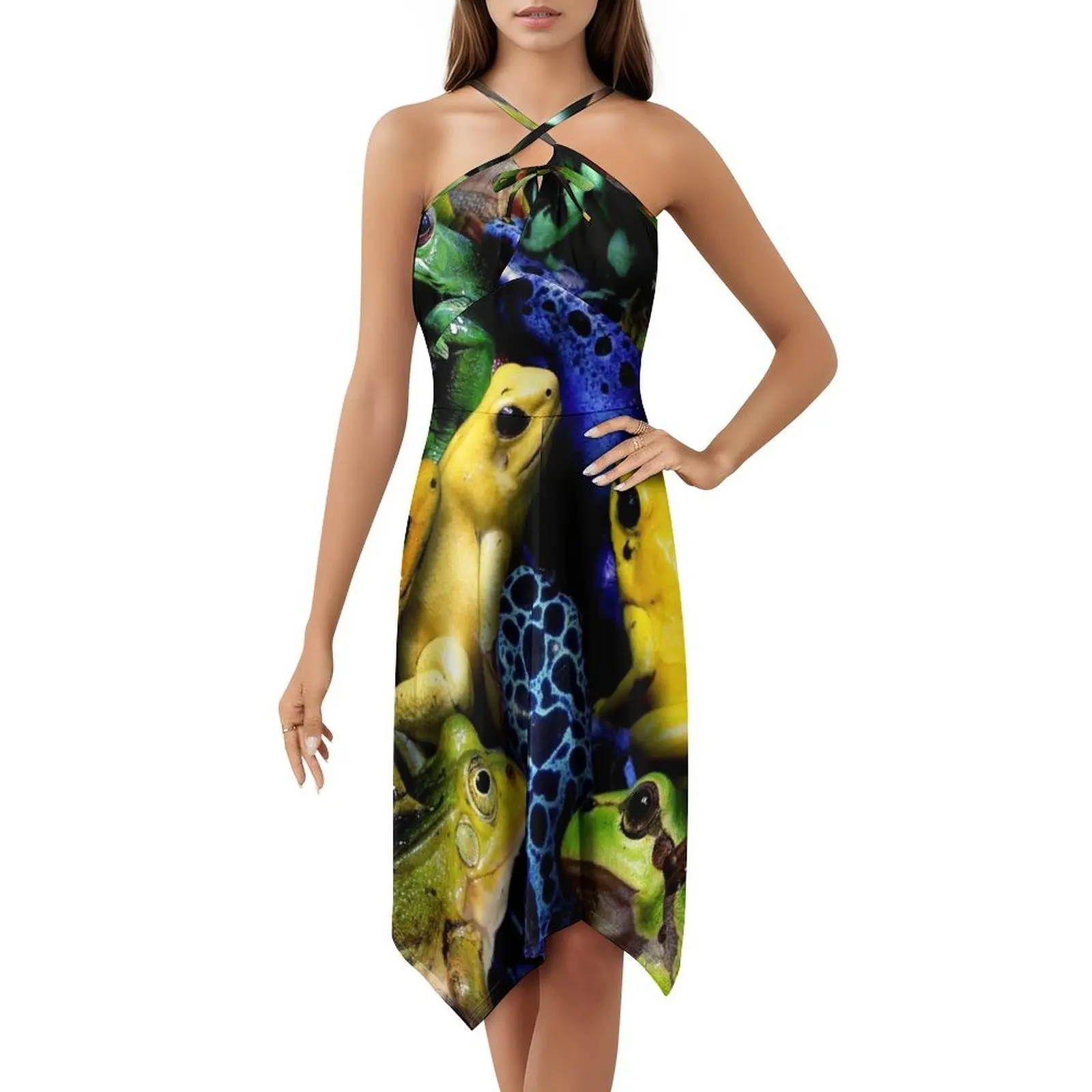 الضفادع المرأة الشارع الشهير فستان الحفلات العصرية طباعة نادي الملابس للإناث الضفادع الضفدع الضفدع الضفدع العلجوم الملابس النسائية البرمائية