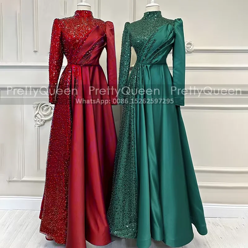 Heavily Beaded Sequins Mother of the Bride Dresses With Long Sleeves High Neck Customized Kaftan Arabic A Line Prom Dress Party