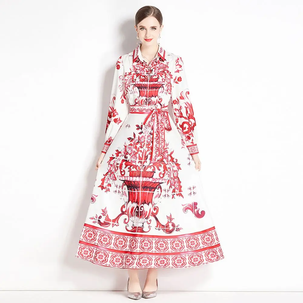 

Summer Red Blue And White Porcelain Printed Dress Women Turn Down Neck Lantern Sleeve Bow Sashes Elegant Long Dress