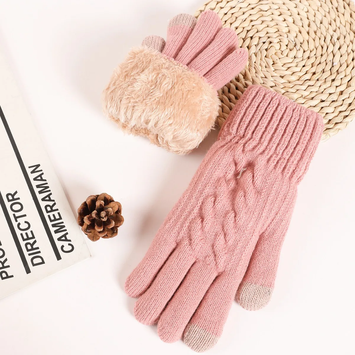 Double Layer Fleece Knitted Gloves Men Women Couples Touch Screen Warm Winter Thermal Gloves
