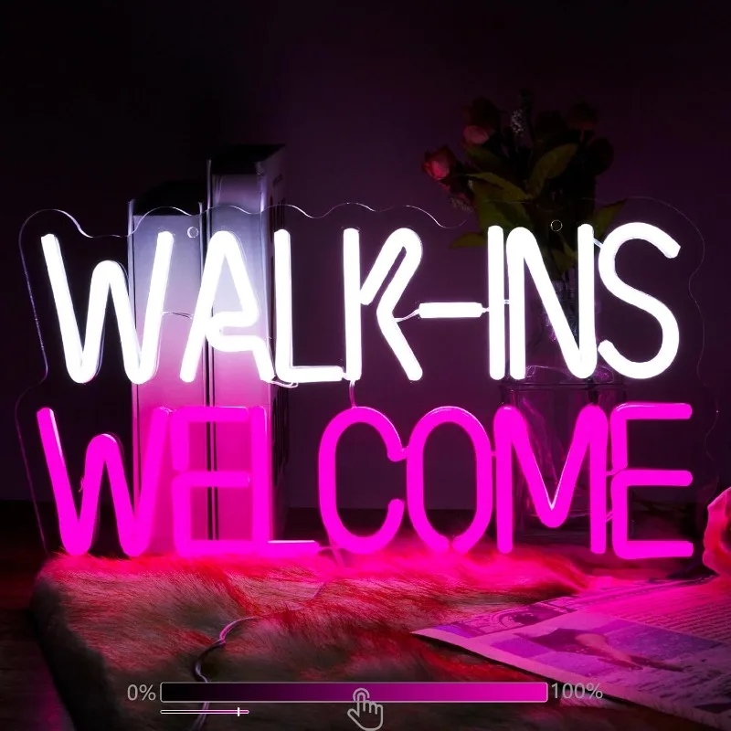 Walk Ins Welcome Neon Sign For Wall Decor Studio Room Led Lights, Pink Business Decor Neon Signs Aesthetic Door Decorations,
