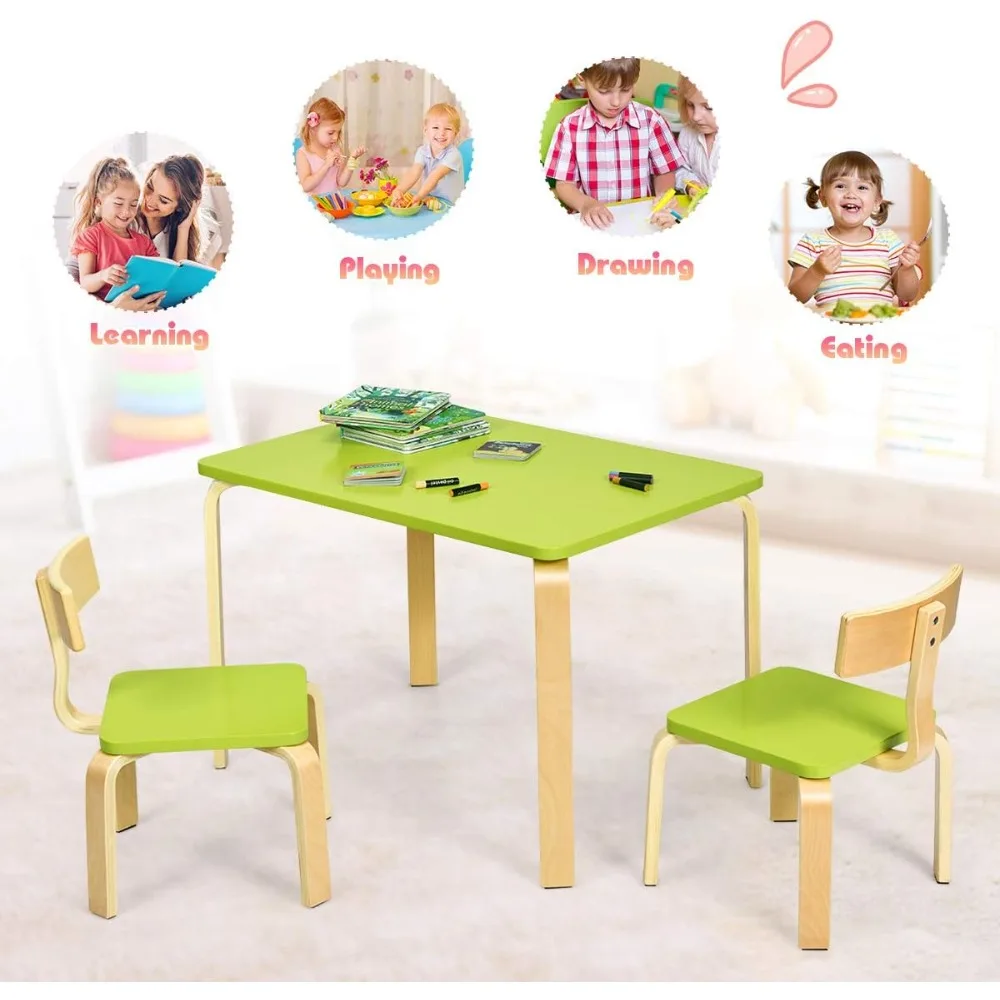 Juego de mesa y sillas de madera para niños pequeños, mesa y sillas para leer, artes, manualidades, tarea, tiempo de aperitivos, muebles de 3 piezas