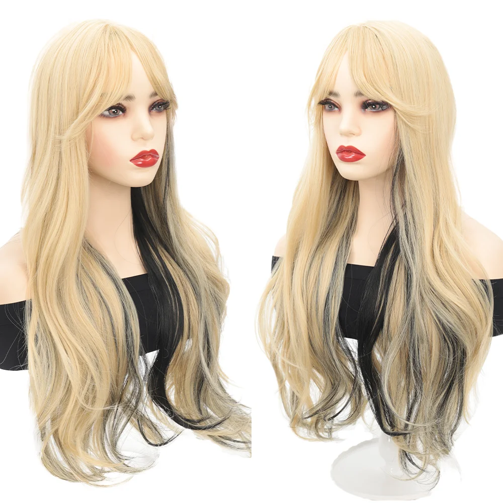 XG Women's long wavy wig with highlighted texture permed long curly fluffy bangs wig headgear suitable for daily wear