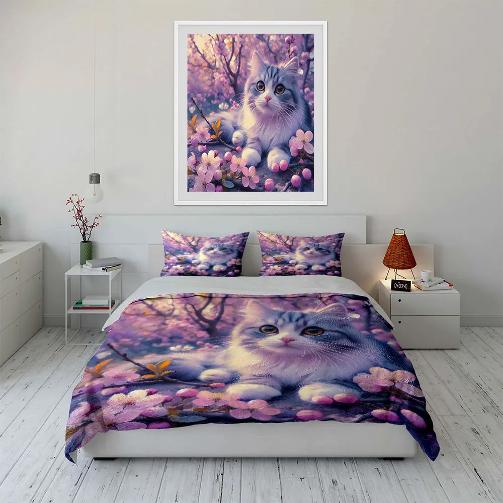 Peach Tree Cat with Pink Blossoms Print Soft Comfortable Duvet Cover Bedding Set Included 1*Duvet Cover  2*Pillowcases