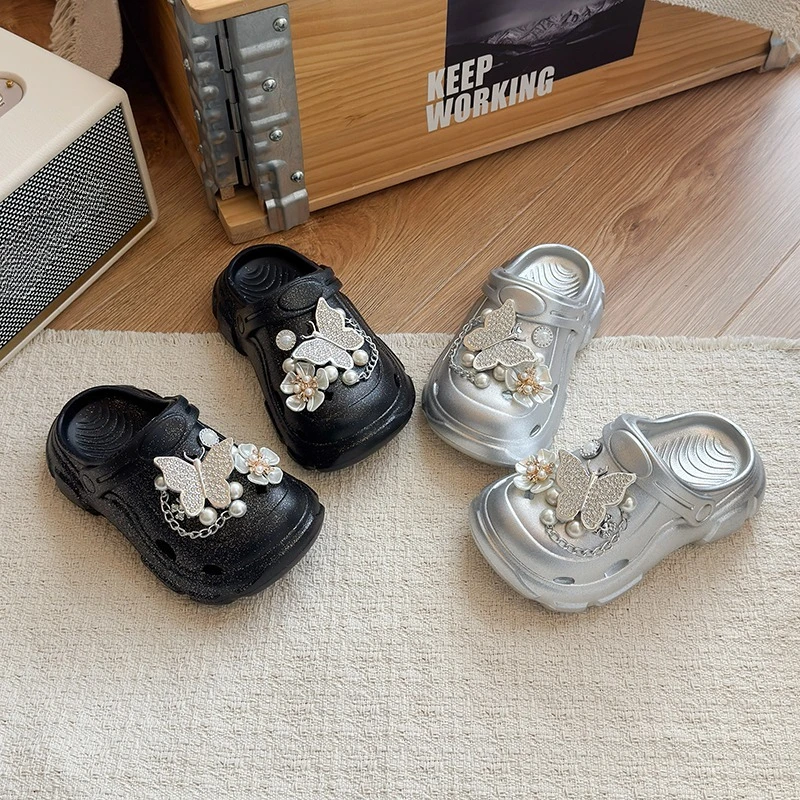

Mumoresip 2026 New Style Kids Closed Toe Slippers Summer Glitter Flower Girls Home Shoes Non-slip EVA Children Beach Slippers