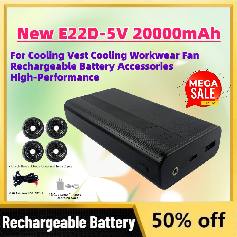 

Upgrade New E22D-5V 20000mAh Power Bank for Cooling Vest Cooling Workwear Fan Rechargeable Battery Accessories High-Performance