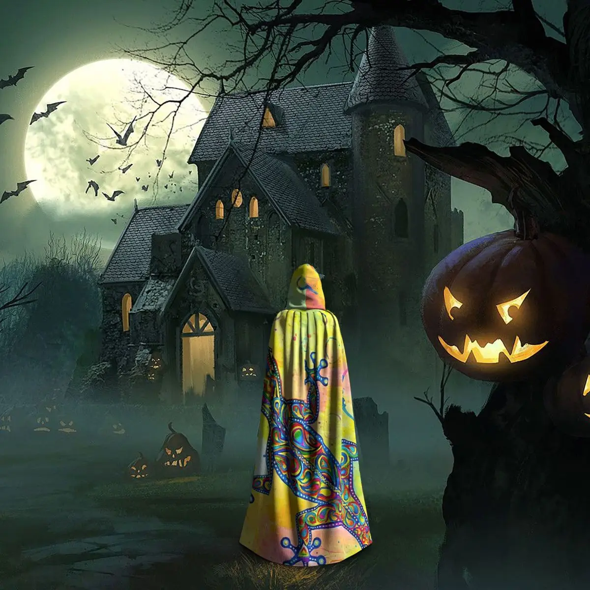 Étnico tribal lagarto salamandra longo com capuz capa bruxa traje medieval cosplay capa halloweencoat adulto unisex