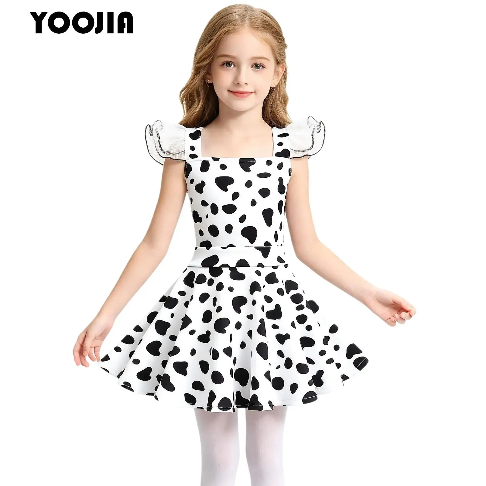 Halloween Spotted Dog Dalmatian Costume for Girls Character Polka Dots Dress Mesh Fly Sleeve Ruffle A-line Ballet Dance Dress
