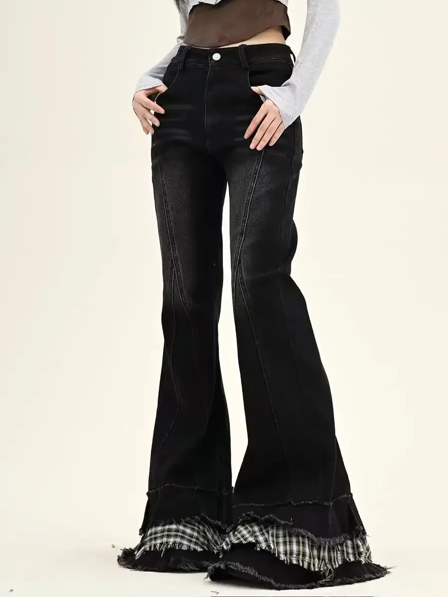 

Women Vintage Gothic Black Flare Jeans Plaid Patchwork Streetwear High Waist Denim Pants American Retro Casual Trousers
