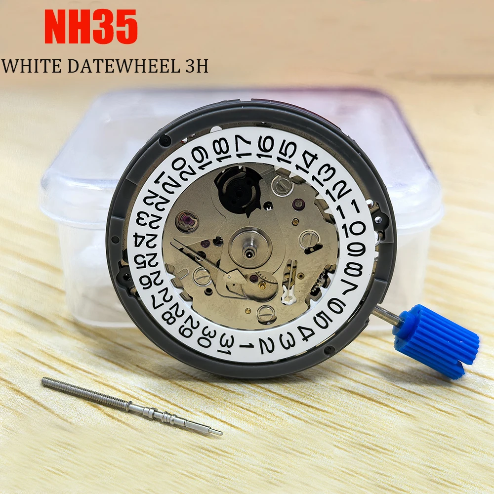 Original Japan NH35 Automatic Movement 24 Jewelry High Accuracy Mechanical White Day Date 3 o'clock  3.8'clock Crown for Seiko