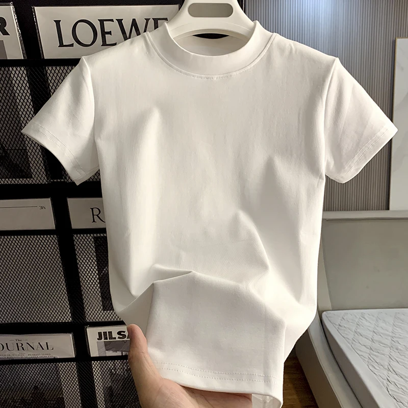 2024 Fashion Women Cotton Half High collar Short Sleeve T-shirts Summer Solid Color Elegant Tee Casual Tops