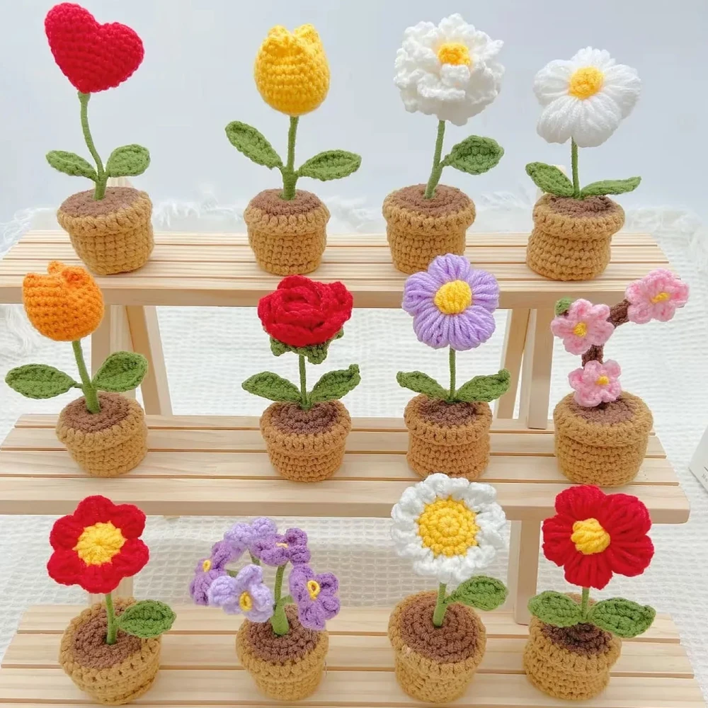 

Hand-Knitted Flowers Potted Crochet Rose Sunflower Tulip Artificial Plants Finished Woven Gift for Home Office Desktop Car Decor