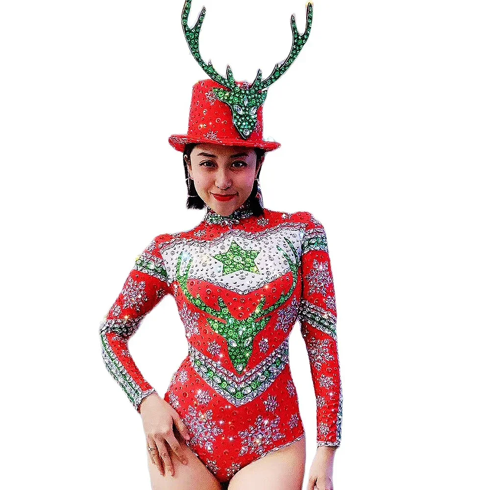 

Snowflake Print Shining Rhinestones Women Bodysuits Elk Hat Christmas Costumes Singer Dancer Stage Wear Role-Playing Outfit