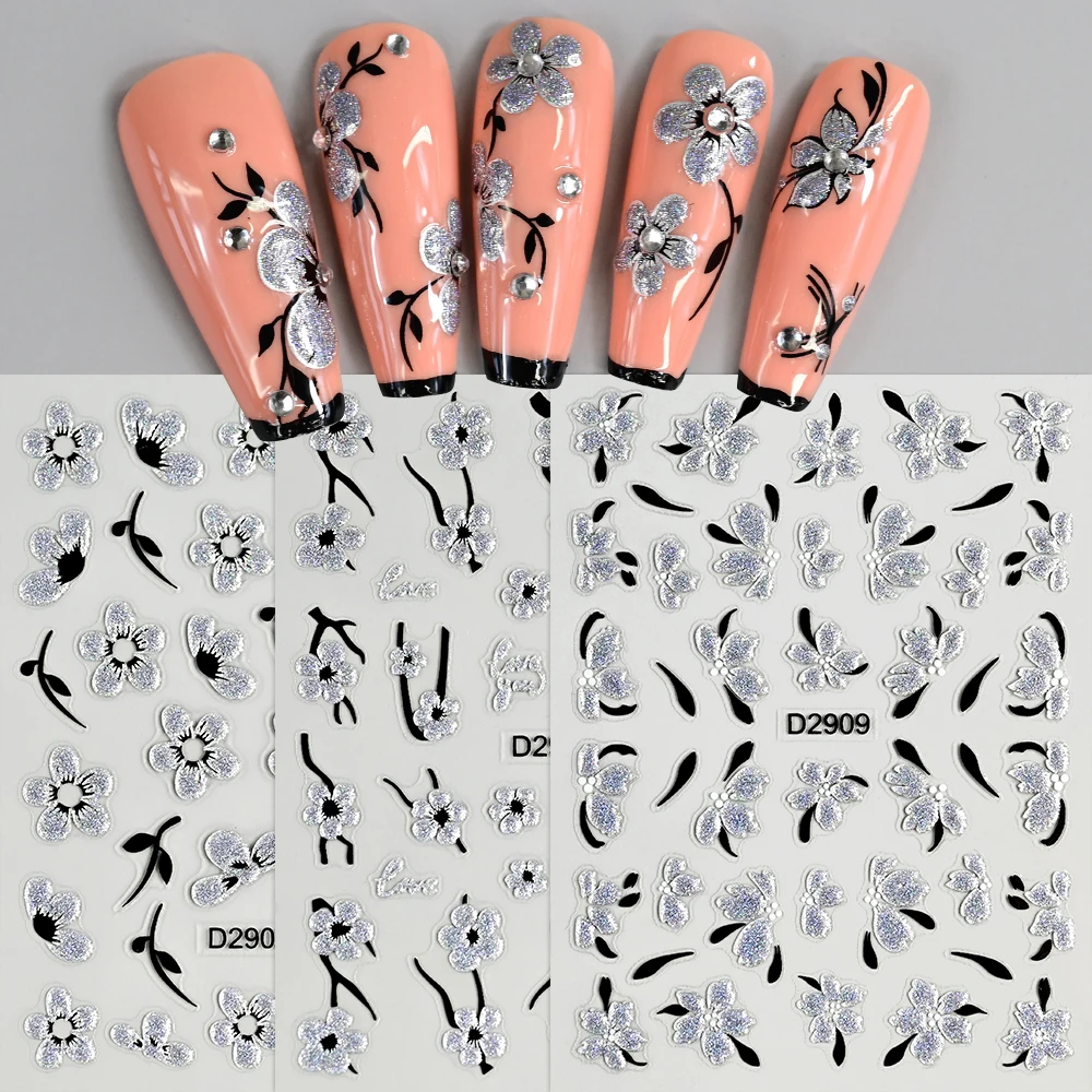 1 قطعة 5D الأسود بريق الزهور مسمار الفن ملصق المائية بتلات ذاتية اللصق تنقش المتزلجون الربيع الأزهار مانيكير الشارات * & #3