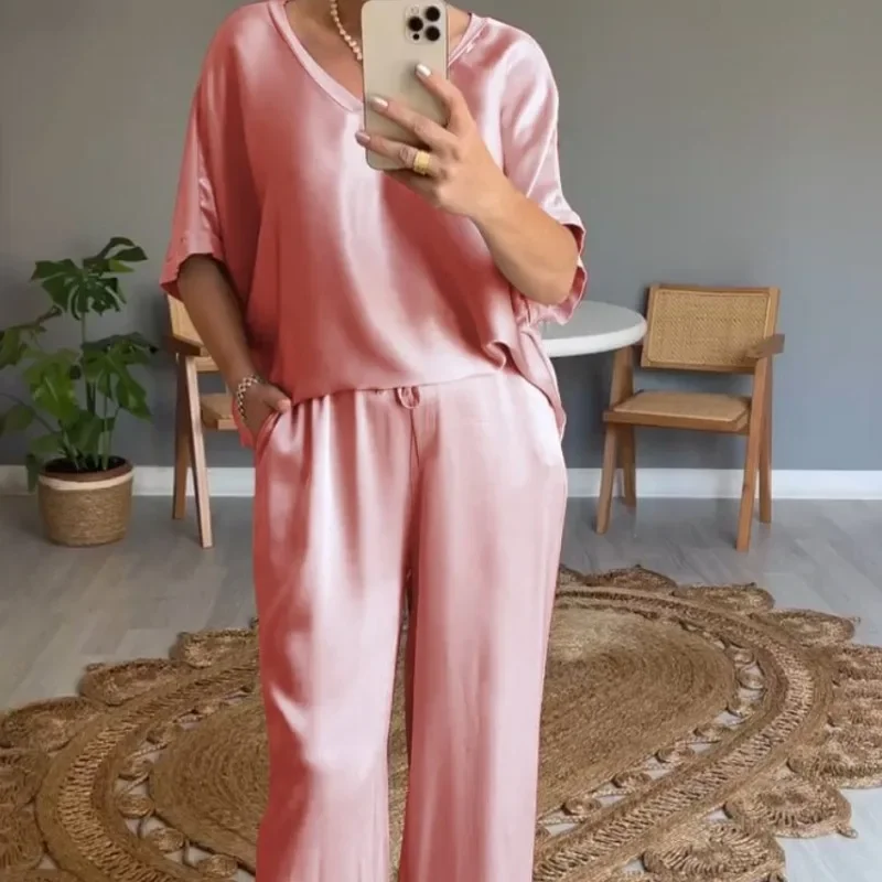 Pyjama Broek Set Dameskleding Homewear Lente Zomer Kant Comfort Casual Stijlvolle Eenvoudige Ademende Losse Pasvorm Grote Maat