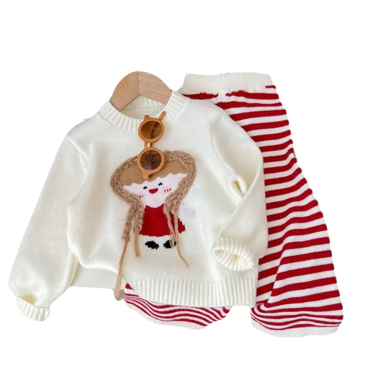 Autumn Winter Kid Baby Girl 2PCS Sweaters Set Cotton Knitted Cartoon Girl Pullovers Striped Wide Leg Pant Suit Child Girl Outfit