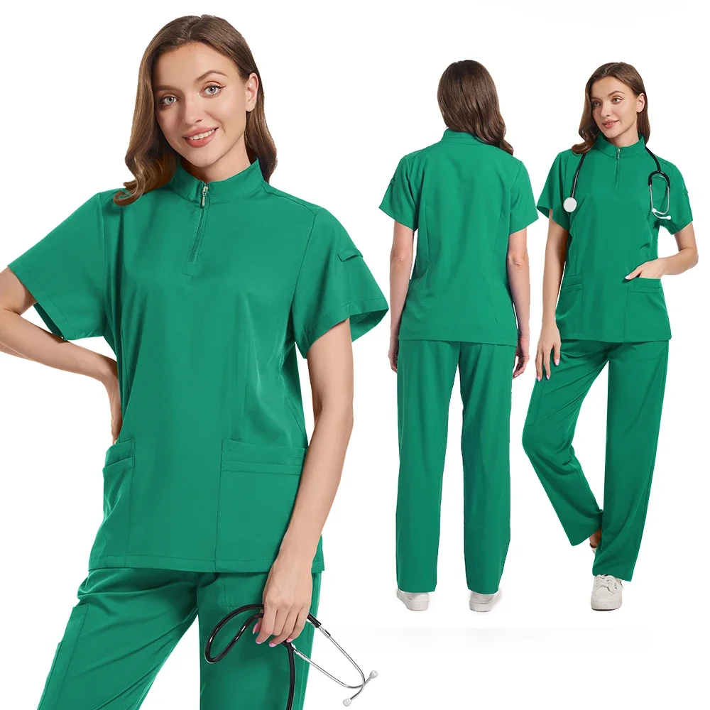 Women's Nurse Shirt Frosted set Stylish zipper plus size care shirt Beautiful solid color overalls frosted top and pants