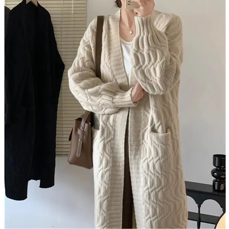 Korean Style V-Neck Cardigan for Women, Solid Color Mid-Long Lazy Knit Sweater, Soft Cozy Elegant Casual Outerwear