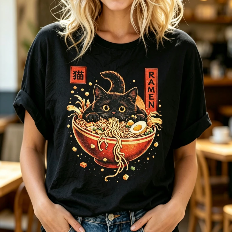Cute Black Cat in Ramen Bowl Tshirt Japanese Aesthetic Graphic Tee Men Casual Short Sleeve Cotton T Shirt Gift for Pet Food Fan