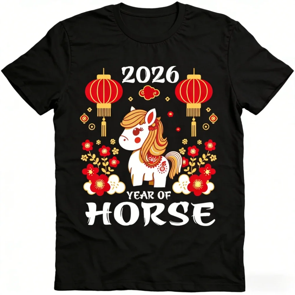 2026 Anno del Cavallo Maglietta Capodanno Lunare Camicia Capodanno Cinese T-Shirt Carino Zodiaco Cavallo Cartone Animato Stampato Tee Donne Magliette E Camicette