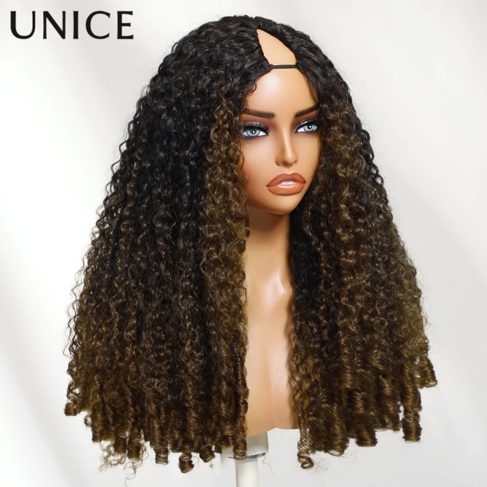 

UNICE Волосы Каштаново-коричневый Ombre Вьющийся парик с V-образным вырезом на концах пальцев Бесшовная смесь на клипсе из человеческих волос VPart Парик 150% Плотность