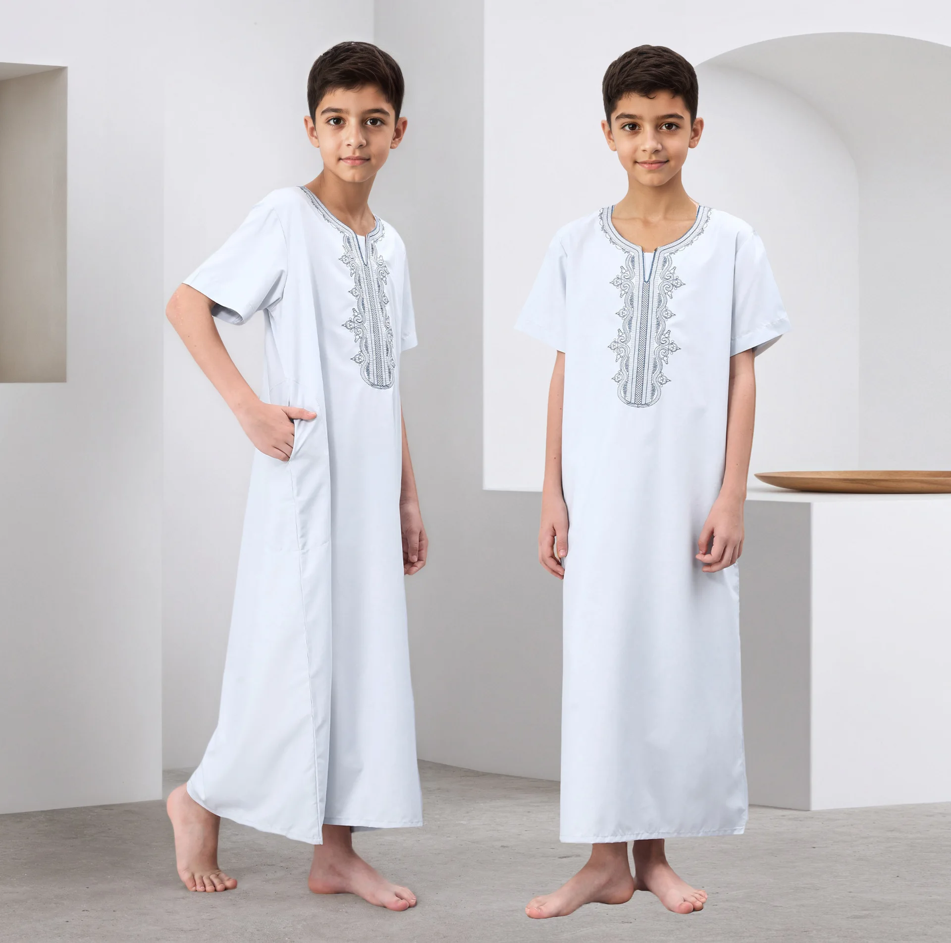 

Kids Boys Islamic Dishdasha Daffah Robe Short Sleeve Embroidery Jubba Thobe Muslim Prayer Clothes For Teen Turkey Abaya Dress