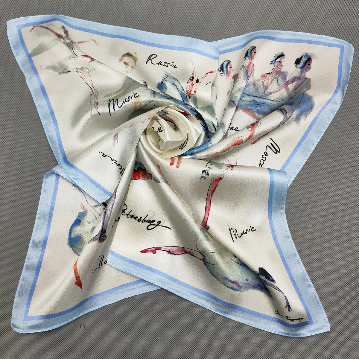 BYSIFA|Blue White 100% Silk Scarf Hijab Women Fashion Accessories Ballet Design Square Scarves Head Neck Scarves Printed 53*53cm