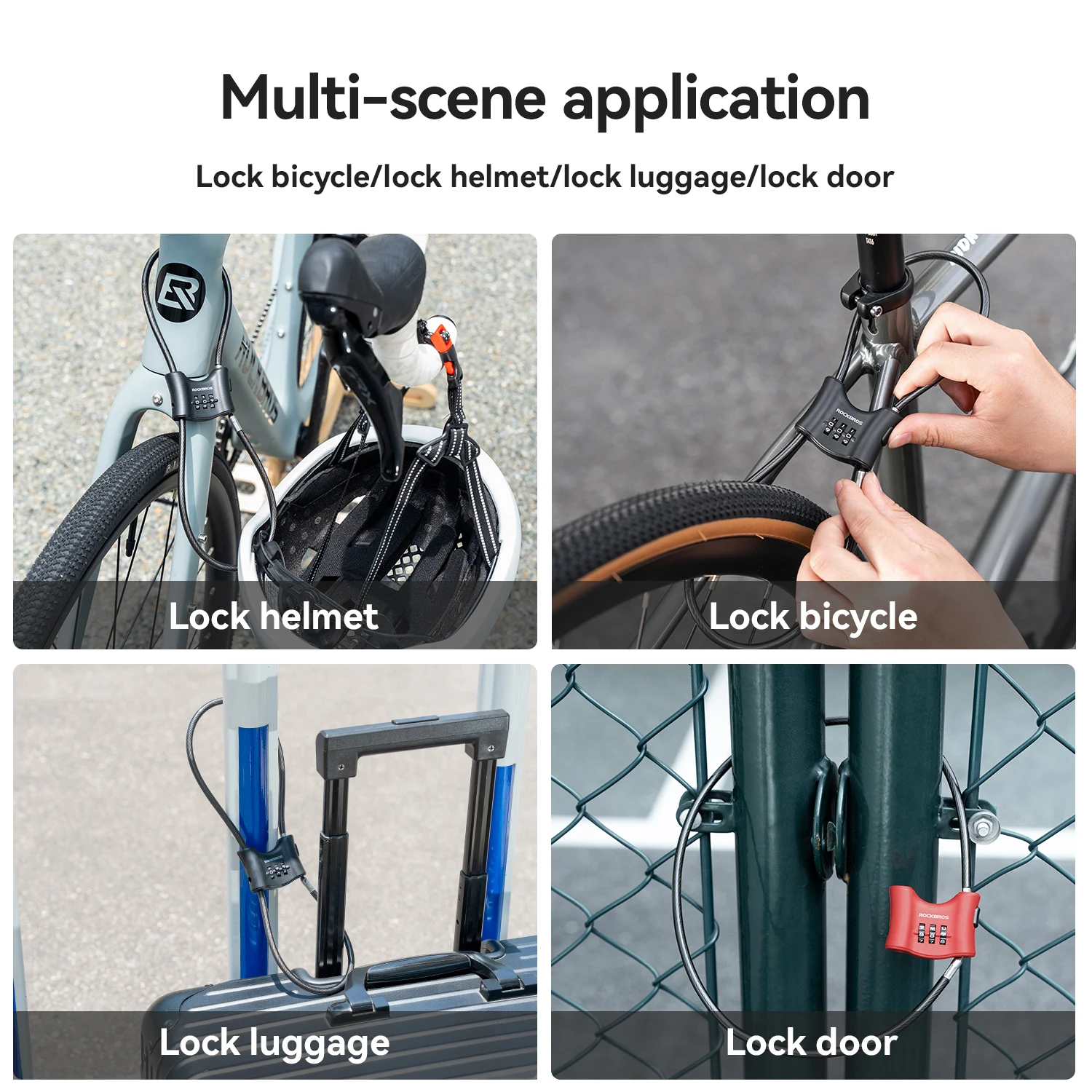 

ROCKBROS Portable Bike Cable Lock with Helmet Anti-Theft Lock Multi-Functional Adjustable 3-Digit Combination Lock
