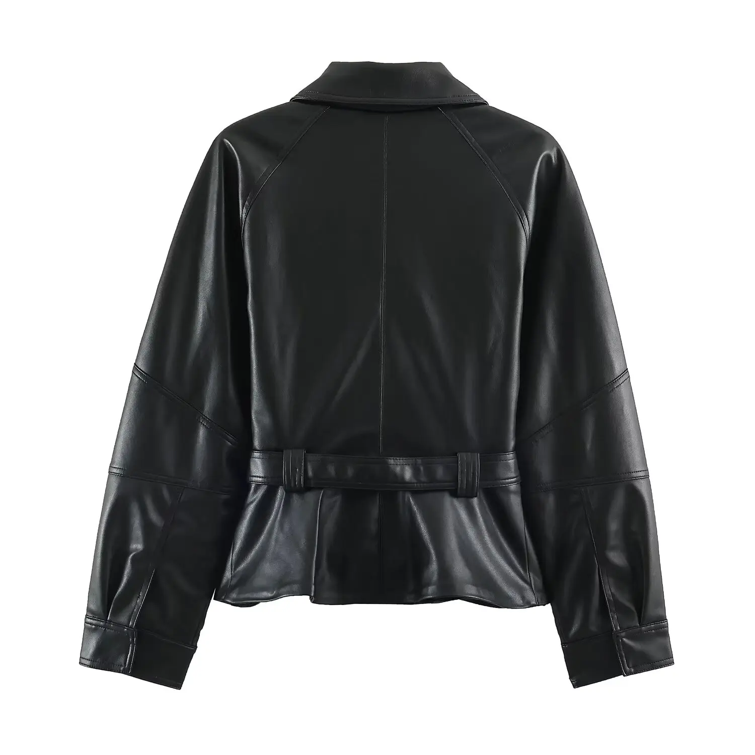 Women Leather Effect Jacket with Belt Lapel Collar Zip Up Long Sleeve Slim Fit Elegant Coat Autumn Winter Outerwear Fashion
