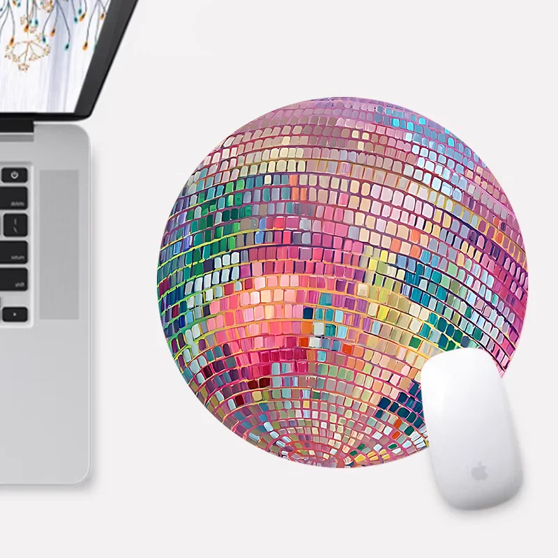 Round Mouse Pad Pink Disco Ball Design Rubber Mousepad Aesthetic Desk Accessory for Office Laptop Computer