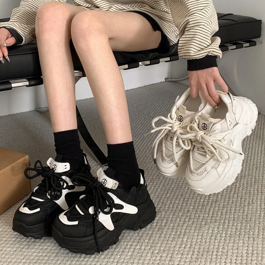 

Platform Women's Sneakers Spring Autumn Lace-Up Thick Bottom Vulcanize Shoes Woman Mesh Breathable Sports Shoes Ladies