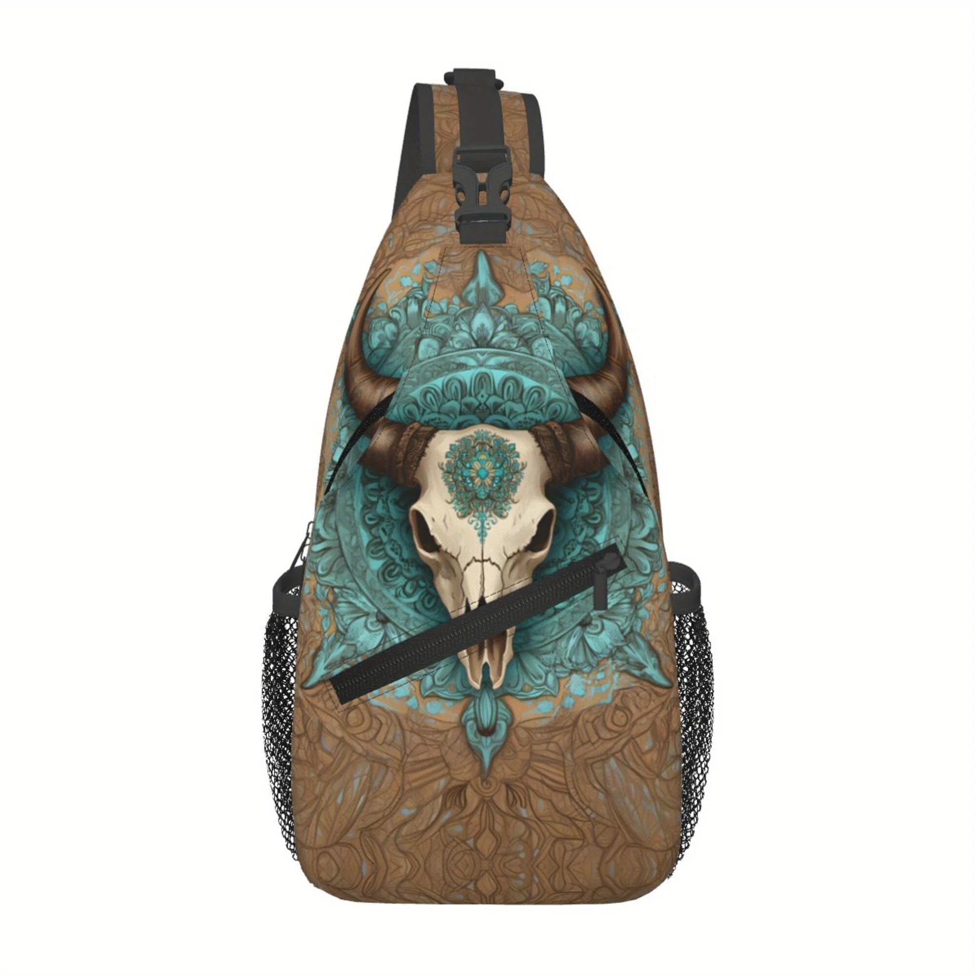Unisex Mandala Cow Skull Print Crossbody Bag Stylish Sling Backpack with Turquoise Brown Design Multi-Functional Travel Hiking