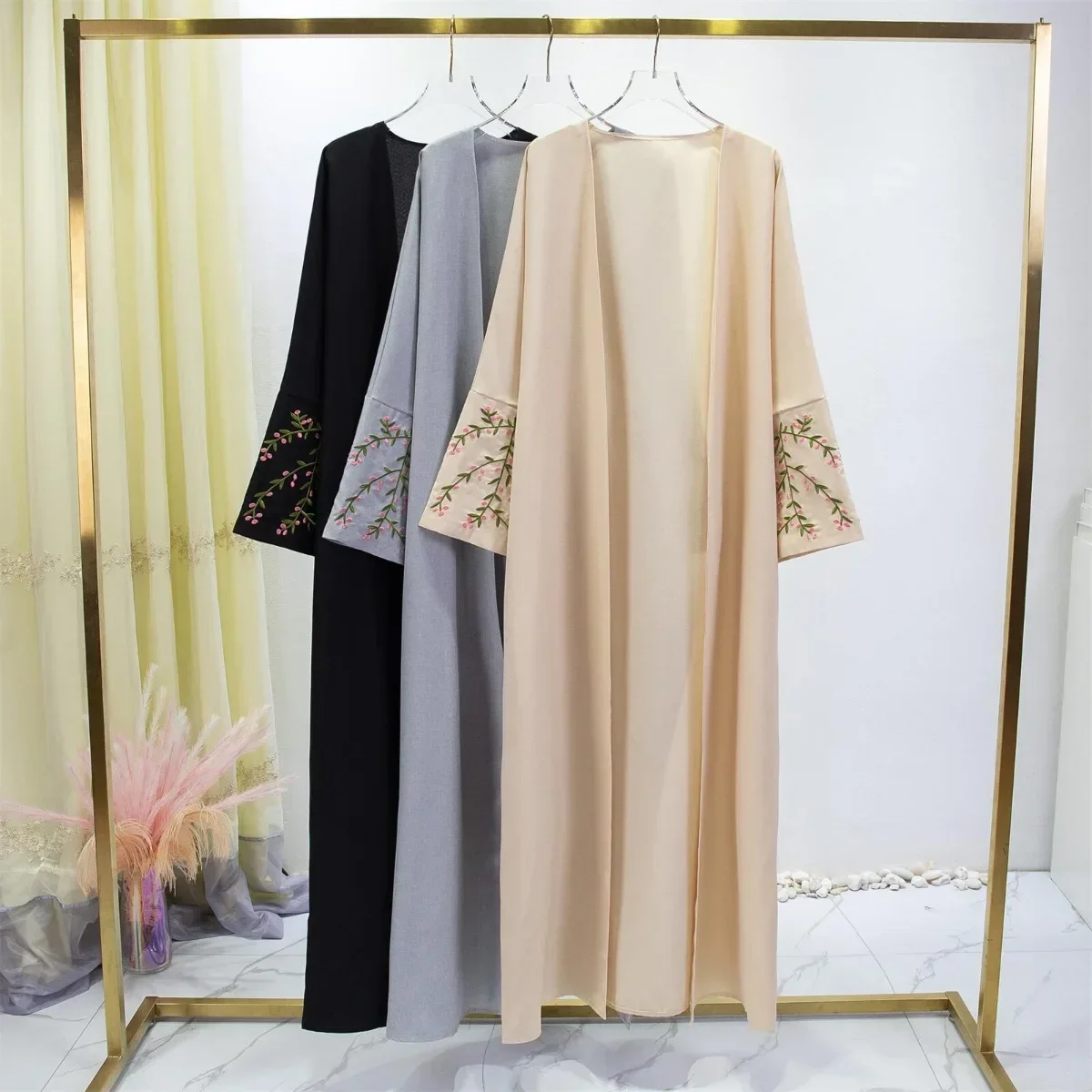 Embroidery Open Front Abaya Long Sleeve Maxi Length Dress Womens Clothing Muslim Cardigan Abayas Wearout Kaftans Women Jilbabs