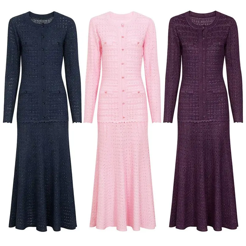 Elegant Long Sleeve Shiny Thread Slimming Diamond Trimmed Autumn Winter New Style Women's Dress Fashionable Knitted Skirt