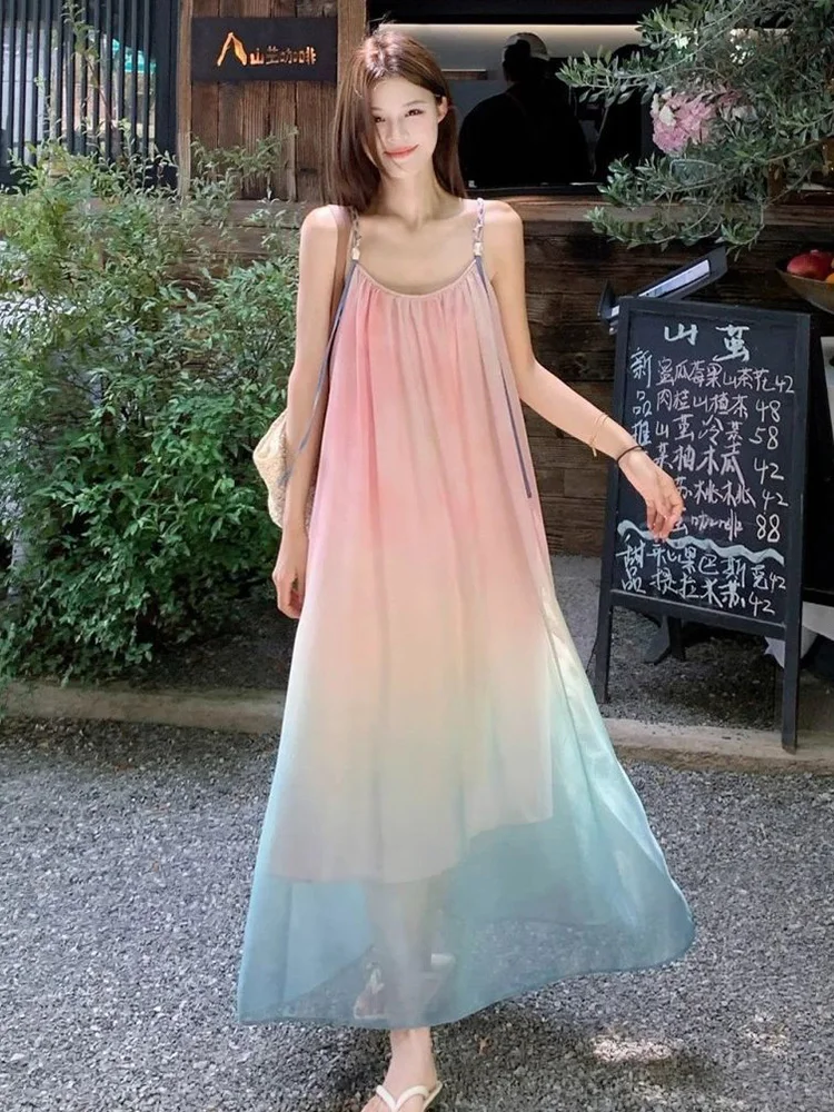 Beach Sexy Strap Long Dress Women Sweet Gradient Elegant Dress Summer Loose Korean Casual Sleeveless Ocean Holiday Long Dress