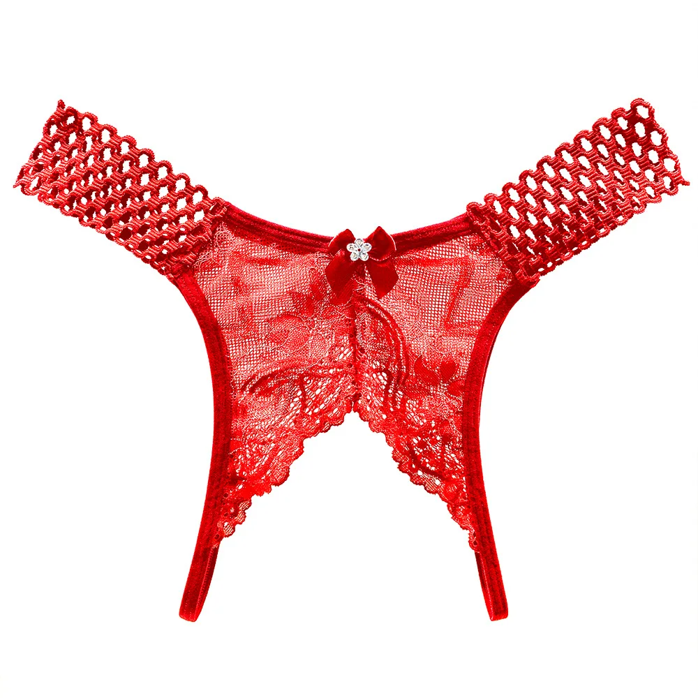 Women's Sexy Crotchless Thongs Lace Hollow Out Underwear For Women Erotic T-back Hot Transparent Panties Female Bow G-string New