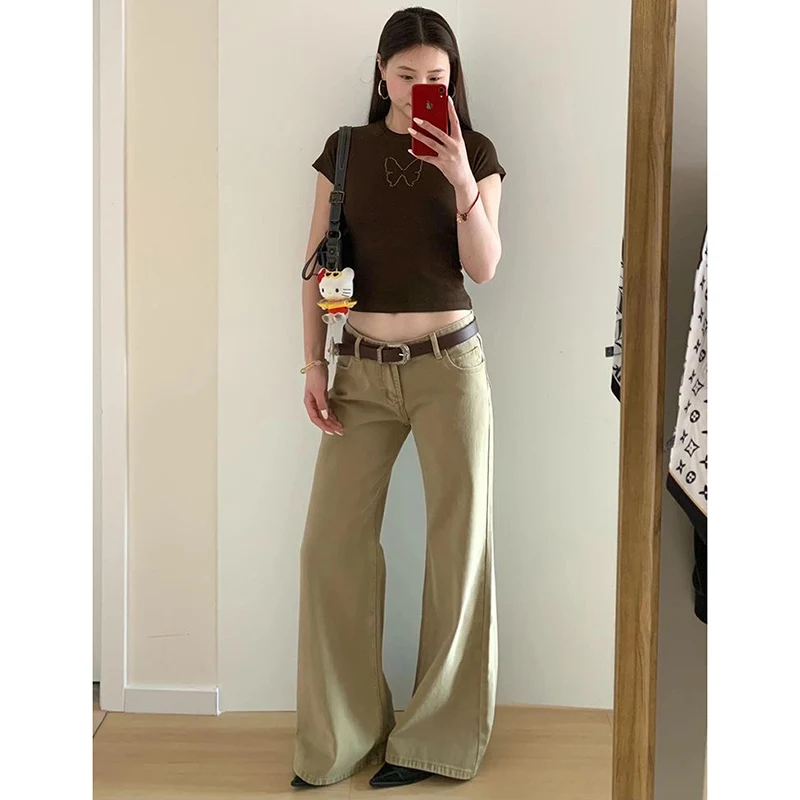 Jean café Hip-hop pour femmes, Streetwear Vintage Y2K, jambes larges, droit, taille haute, pantalon classique Baggy en Denim