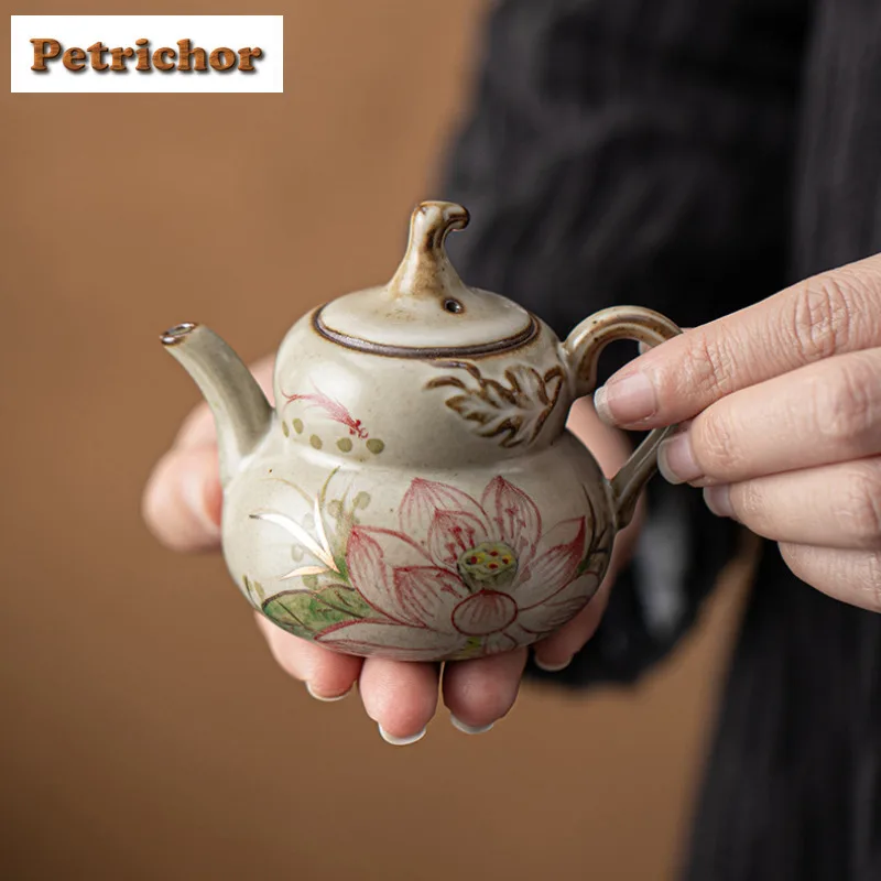 

100ml Hand Drawn Lotus Gourd Teapot Retro Tea Infuser Pot Household Tea Making Kettle with Ball Hole Cha Accessories Decoration
