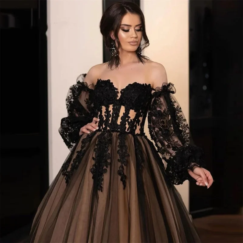 Modna damska suknia wieczorowa o linii A czarna koronkowa suknia balowa z ramienia puszysta sukienka 2024